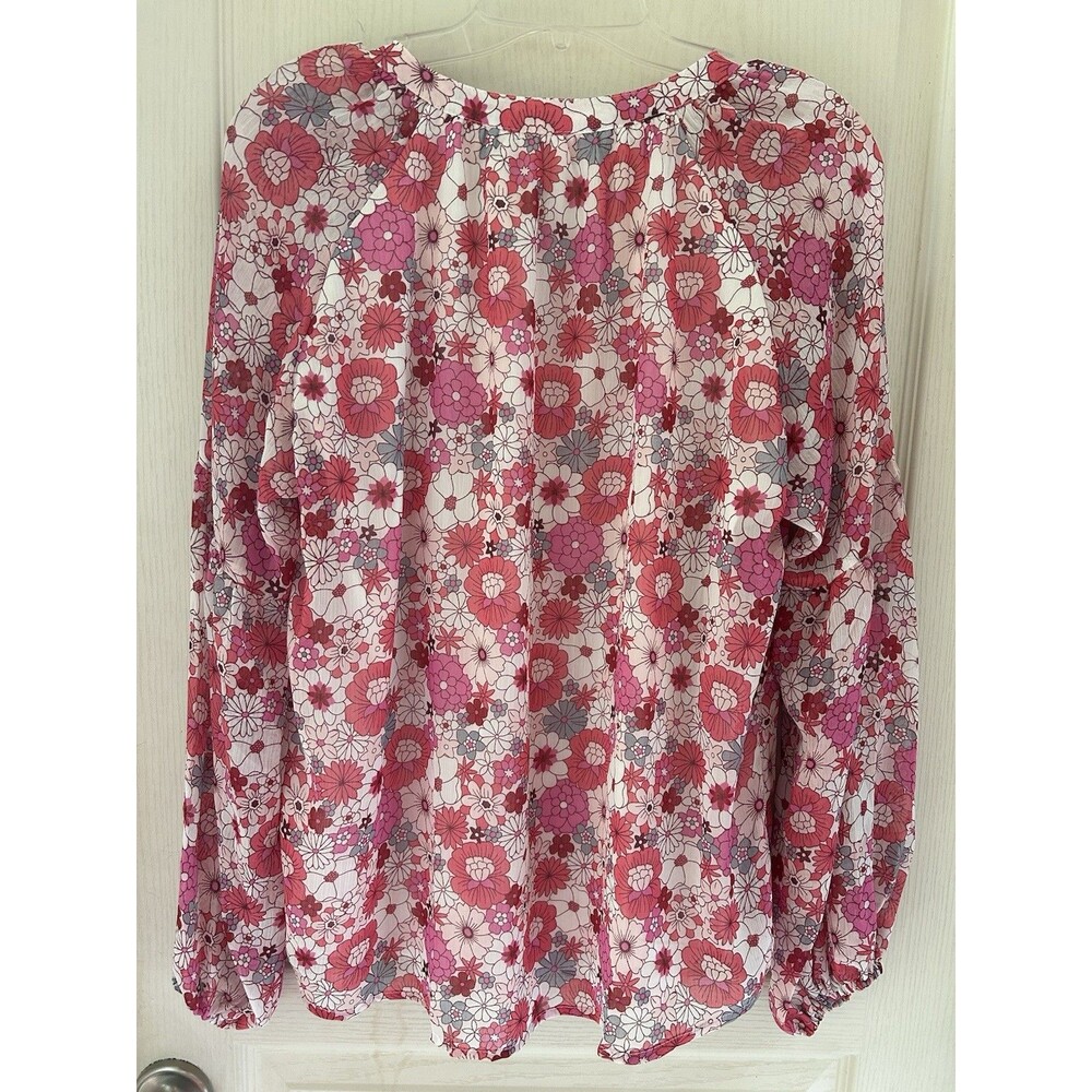 Boutique Floral Blouse Women Large L Pink Coral Long Sleeve Lined Flowy Scoop - Picture 3 of 9